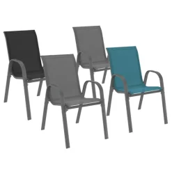 4 chaises de jardin en métal et textilène gris, noir et bleu