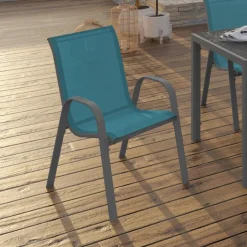 4 chaises de jardin en métal et textilène bleu canard