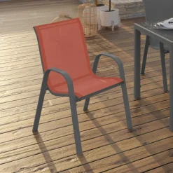 6 chaises de jardin en métal et textilène gris, noir et terracotta empilables