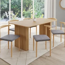 6 chaises imitation bois et tissu gris clair