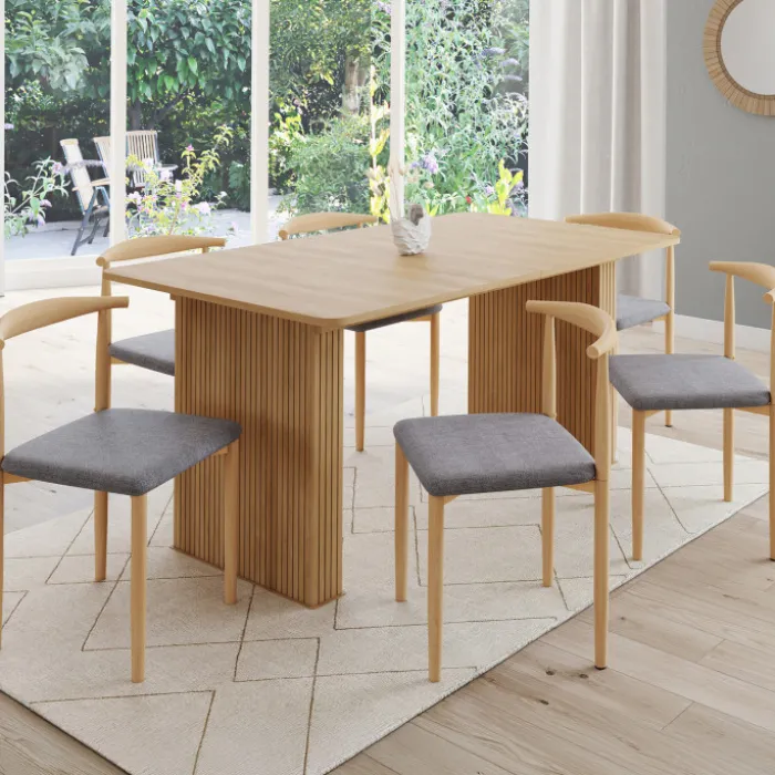 6 chaises imitation bois et tissu gris clair