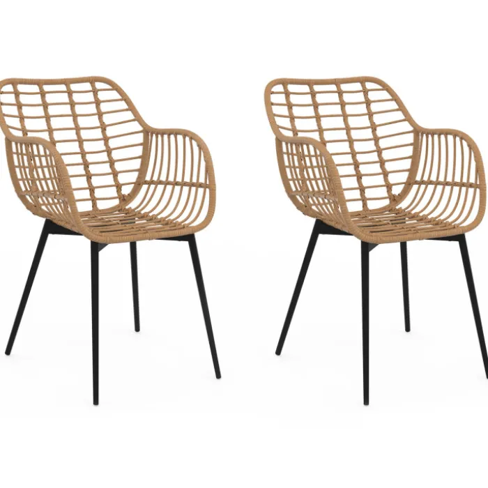 2 fauteuils de table effet rotin et pied métal noir