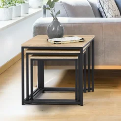 3 tables basses gigognes bois et métal carrées