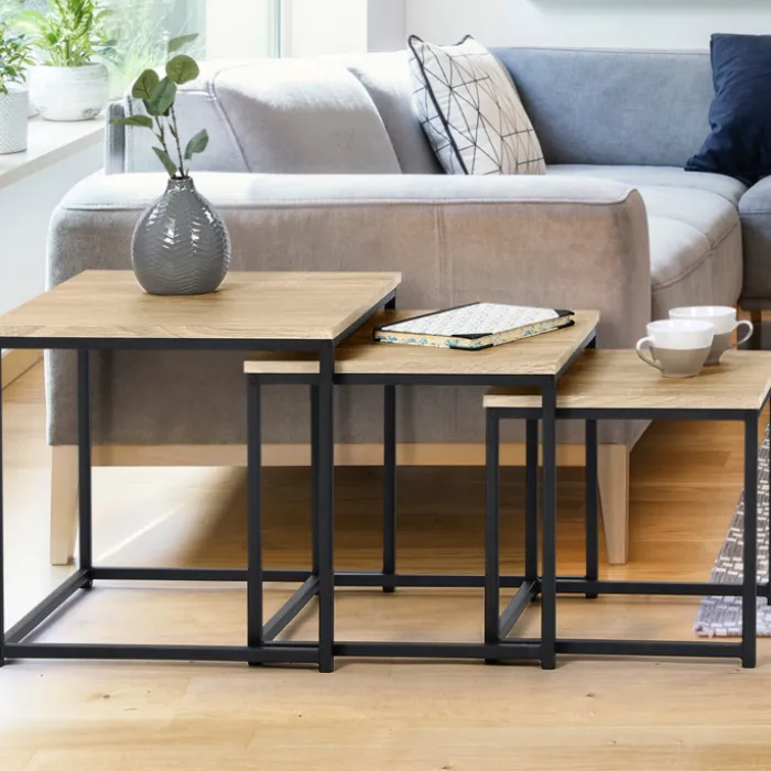 3 tables basses gigognes bois et métal carrées