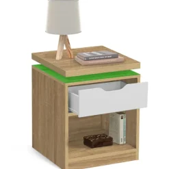 2 tables de chevet à LEDS tiroir et niche bois façon hêtre et blanc