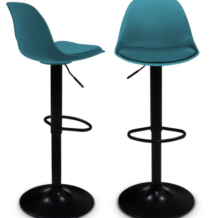 2 tabourets de bar design bleu canard et pied noir