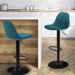 2 tabourets de bar design bleu canard et pied noir
