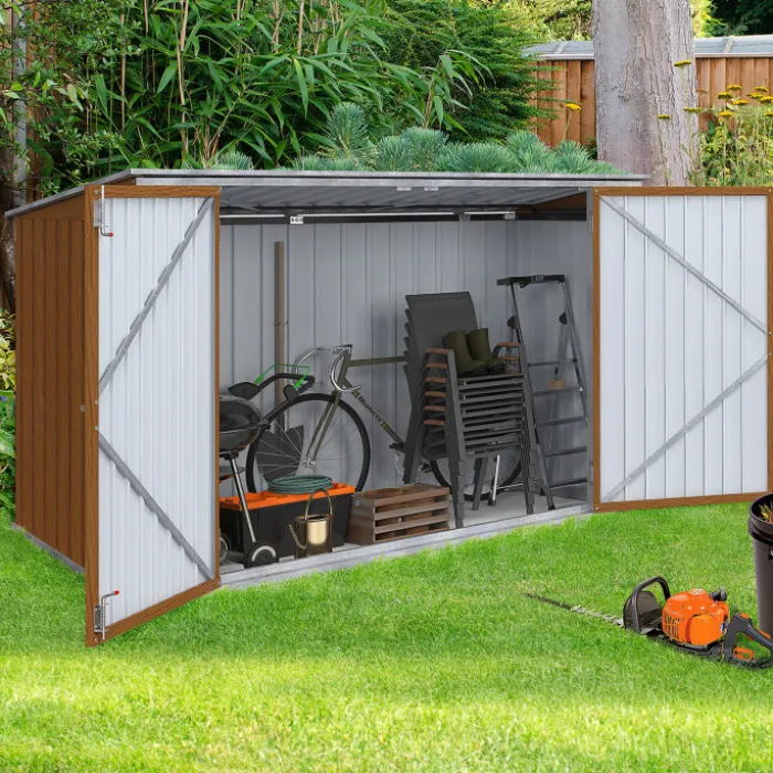 Abri de jardin en métal effet bois verrouillable multi-rangement pour stockage vélos, outils, poubelles