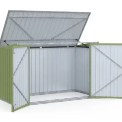 Abri de jardin en métal vert olive verrouillable multi-rangement pour stockage vélos, outils, poubelles