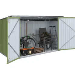 Abri de jardin en métal vert olive verrouillable multi-rangement pour stockage vélos, outils, poubelles