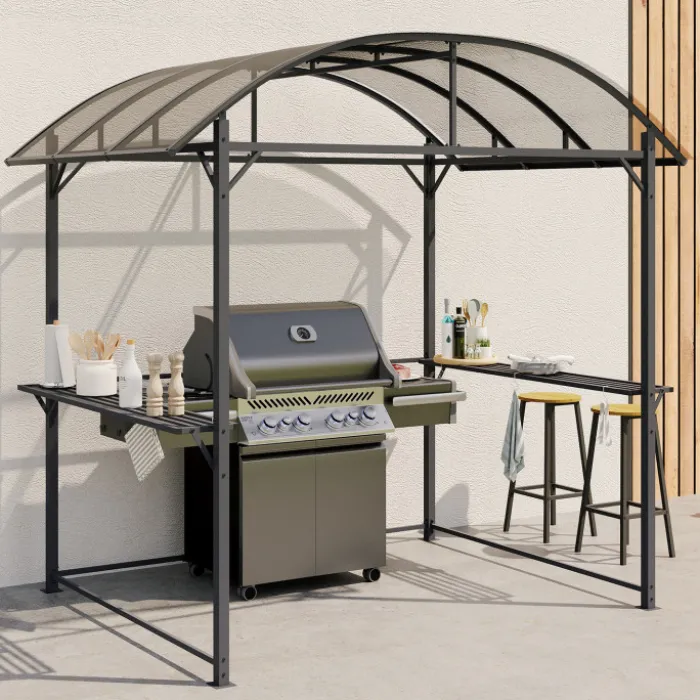 Abri pour barbecue 240 x 150 x 220 cm avec étagères, en métal gris et toit en polycarbonate