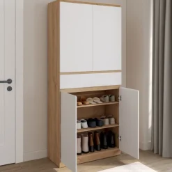 Armoire à chaussures 24 paires 4 portes 1 tiroir façon hêtre et blanc