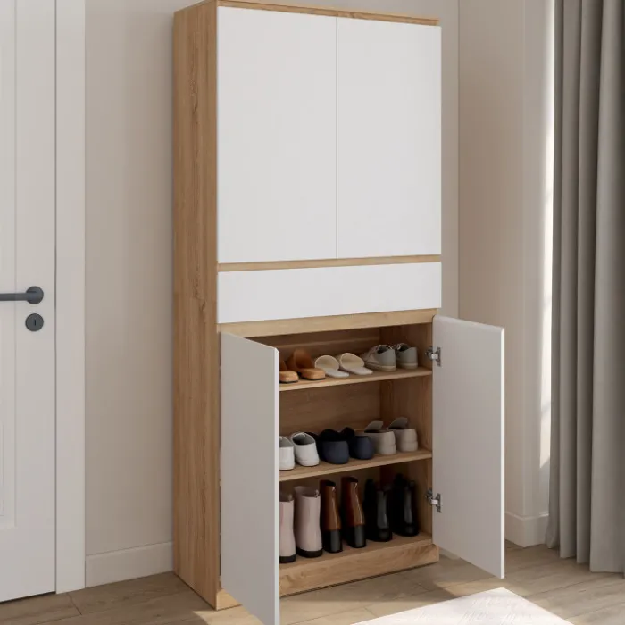 Armoire à chaussures 24 paires 4 portes 1 tiroir façon hêtre et blanc