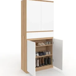 Armoire à chaussures 24 paires 4 portes 1 tiroir façon hêtre et blanc