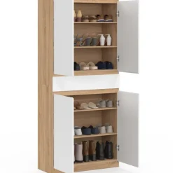 Armoire à chaussures 24 paires 4 portes 1 tiroir façon hêtre et blanc