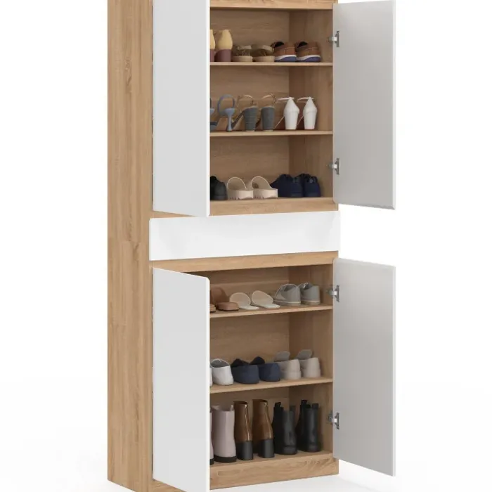Armoire à chaussures 24 paires 4 portes 1 tiroir façon hêtre et blanc