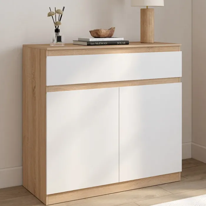 Armoire à chaussures 12 paires 2 portes 1 tiroir blanc et effet bois