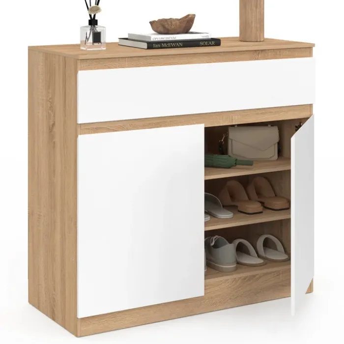 Armoire à chaussures 12 paires 2 portes 1 tiroir blanc et effet bois
