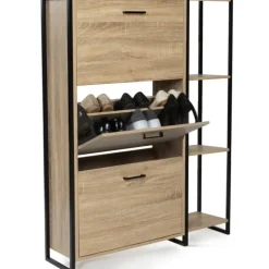 Armoire à chaussures bois imitation hêtre et métal noir