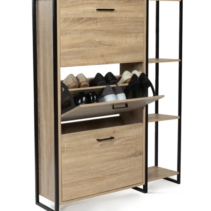 Armoire à chaussures bois imitation hêtre et métal noir