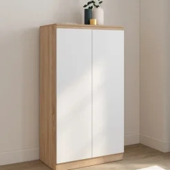 Armoire à chaussures 18 paires 2 portes blanc et effet bois