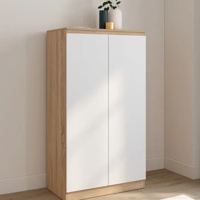 Armoire à chaussures 18 paires 2 portes blanc et effet bois