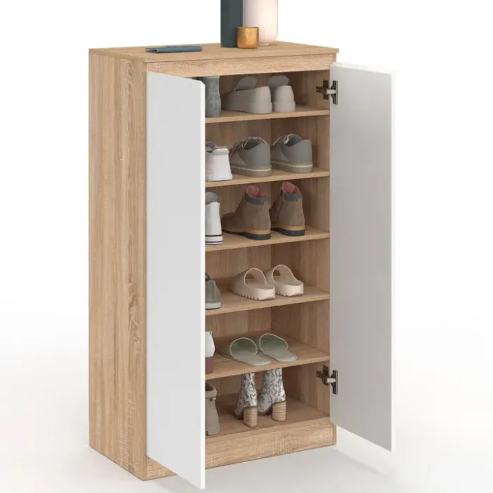 Armoire à chaussures 18 paires 2 portes blanc et effet bois