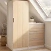 Armoire 1 porte penderie avec commode 3 tiroirs 100 cm modulable façon hêtre et blanc
