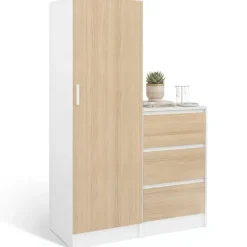 Armoire 1 porte penderie avec commode 3 tiroirs 100 cm modulable façon hêtre et blanc