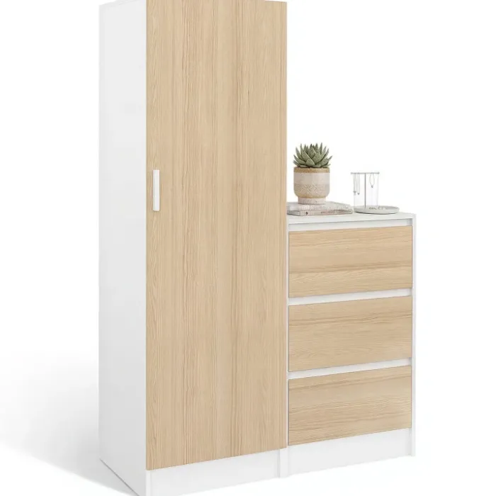 Armoire 1 porte penderie avec commode 3 tiroirs 100 cm modulable façon hêtre et blanc