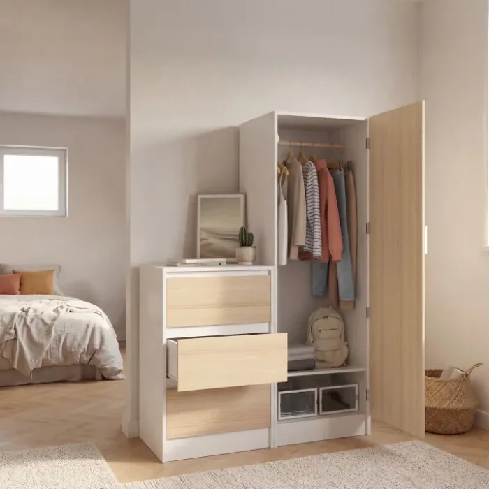 Armoire 1 porte penderie avec commode 3 tiroirs 100 cm modulable façon hêtre et blanc