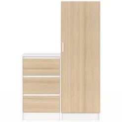 Armoire 1 porte penderie avec commode 3 tiroirs 100 cm modulable façon hêtre et blanc