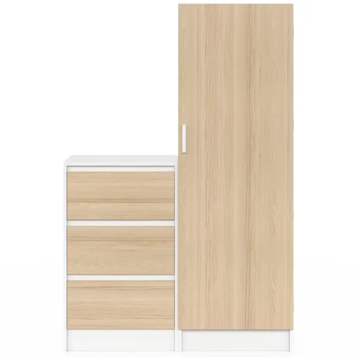 Armoire 1 porte penderie avec commode 3 tiroirs 100 cm modulable façon hêtre et blanc