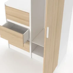 Armoire 1 porte penderie avec commode 3 tiroirs 100 cm modulable façon hêtre et blanc