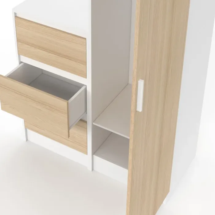 Armoire 1 porte penderie avec commode 3 tiroirs 100 cm modulable façon hêtre et blanc