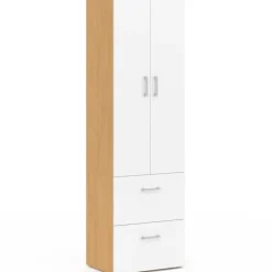 Armoire 2 portes blanc et bois penderie 50 cm avec 2 tiroirs