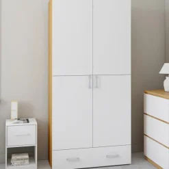 Armoire 2 portes blanc et bois étagères 80 cm avec 1 tiroir