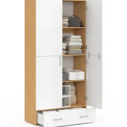 Armoire 2 portes blanc et bois étagères 80 cm avec 1 tiroir