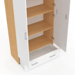 Armoire 2 portes blanc et bois étagères 80 cm avec 1 tiroir
