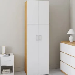 Armoire 2 portes blanc et bois penderie 50 cm avec étagère