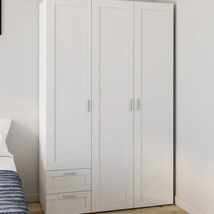 Armoire 3 portes blanc penderie 120 cm avec 2 tiroirs et étagères