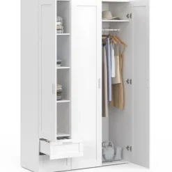 Armoire 3 portes blanc penderie 120 cm avec 2 tiroirs et étagères