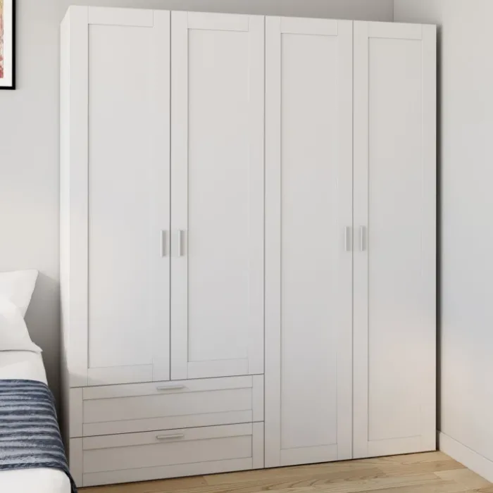 Armoire 4 portes blanche dressing penderie et 2 tiroirs 160 cm