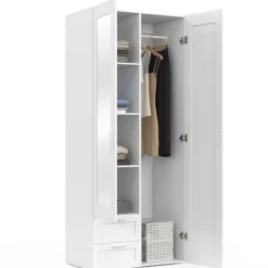 Armoire 2 portes blanche penderie avec miroir et 2 tiroirs 80 cm