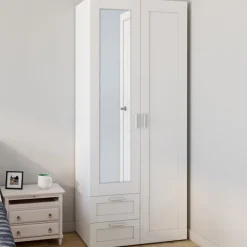 Armoire 2 portes blanche penderie avec miroir et 2 tiroirs 80 cm