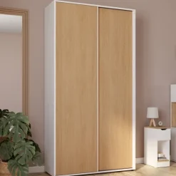 Armoire 2 portes coulissantes blanc et bois penderie 100 cm avec étagères rangement maxi capacité