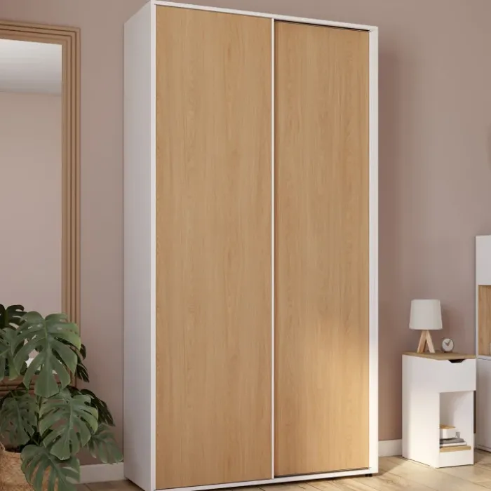 Armoire 2 portes coulissantes blanc et bois penderie 100 cm avec étagères rangement maxi capacité