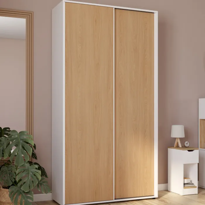 Armoire 2 portes coulissantes blanc et bois penderie 100 cm avec étagères rangement maxi capacité