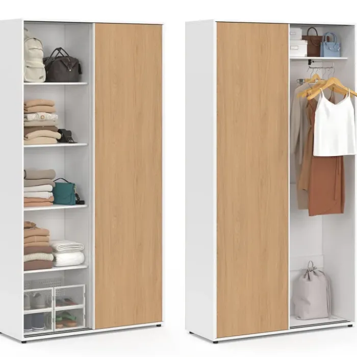 Armoire 2 portes coulissantes blanc et bois penderie 100 cm avec étagères rangement maxi capacité
