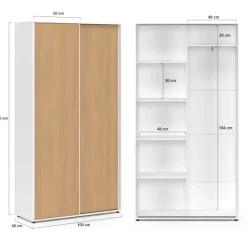 Armoire 2 portes coulissantes blanc et bois penderie 100 cm avec étagères rangement maxi capacité